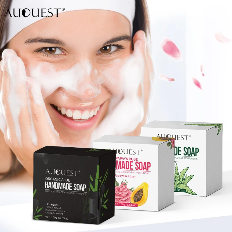 AuQuest Body Wash Bamboo Charcoal Aloe Vera Papaya Rose Handmade Soap Moisturizing Whitening Vitamin Natural Cleansing Skin Care