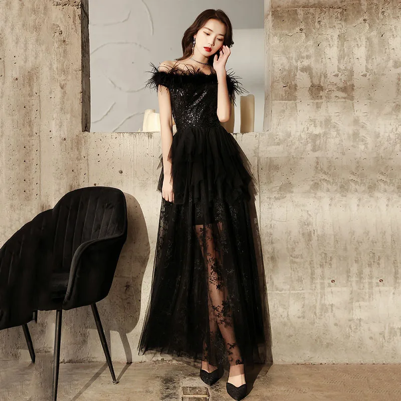 

Black Evening Dress Feathers Boat Neck Sequins Short Sleeves A-Line Empire Elegant Ankle-Length Woman Formal Party Gowns A1496