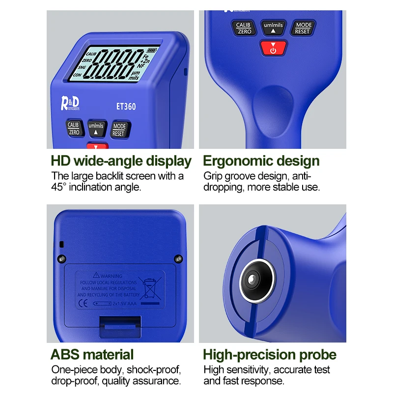 R&D ET360 Thickness Gauges for Cars 0.1 Um Fe/NFe Fe+ Zn High Precision Auto Paintwork Probe Test Meter