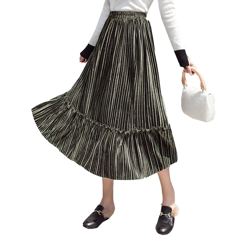 

Plus Size Women Autumn Winter Skirts Elastic Waist Corduroy Skirts Ruffle Big Swing Retro Velvet Pleated Skirt Warm Long Skirts