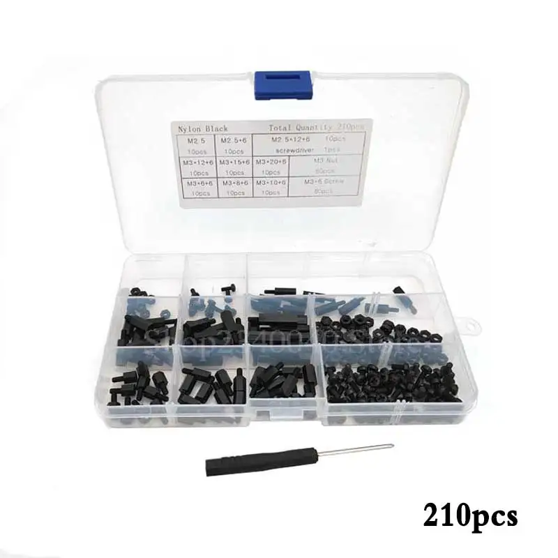 210pcs/set M3 Black Hex series nylon screws, nuts, PCB board height hexagon spacer kit complete M2.5 screws Sending screw sword