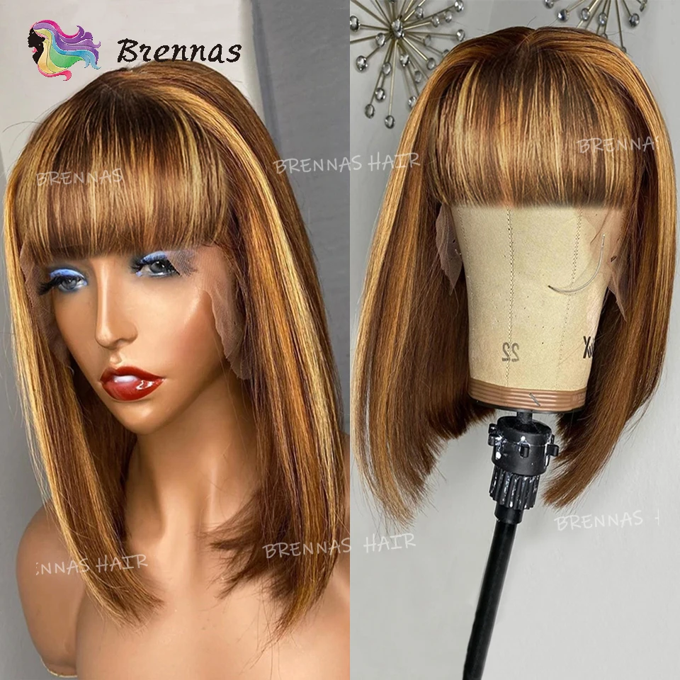 Highlight Straight Bob Wig With Bangs Density180 Honey Blonde Wear And Go Highlight Straight Human Hair Bob Wigs For Black Women