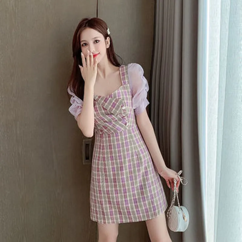 Girls Dress 2020 New Summer Korean Ladylike Sweet Chiffon Lace A-LINE Puff Sleeve Square Collar Plaid Short Women MINI Dress