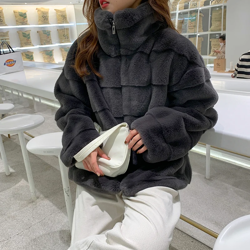 Women's Winter Jacket Oversized Luxury Eco-coat Plush Coat Korean Thick Warm Long Sleeve Zipper Female Faux Fur Jacket