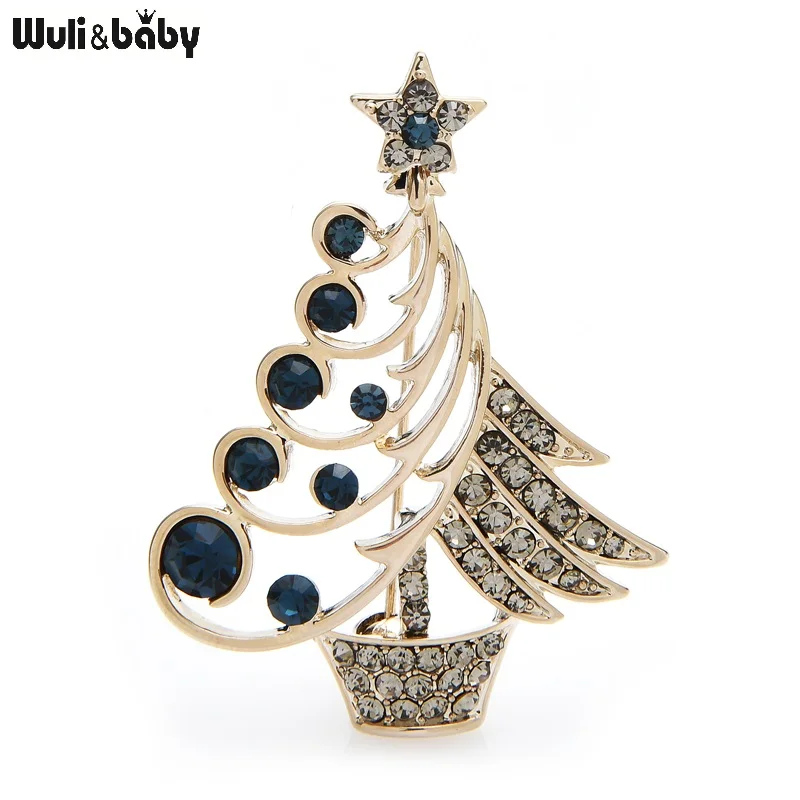 Wuli&baby Rhinestone Christmas Tree Brooches For Women Men 2-color New Year Plants Flower Party Brooch Pin Gifts