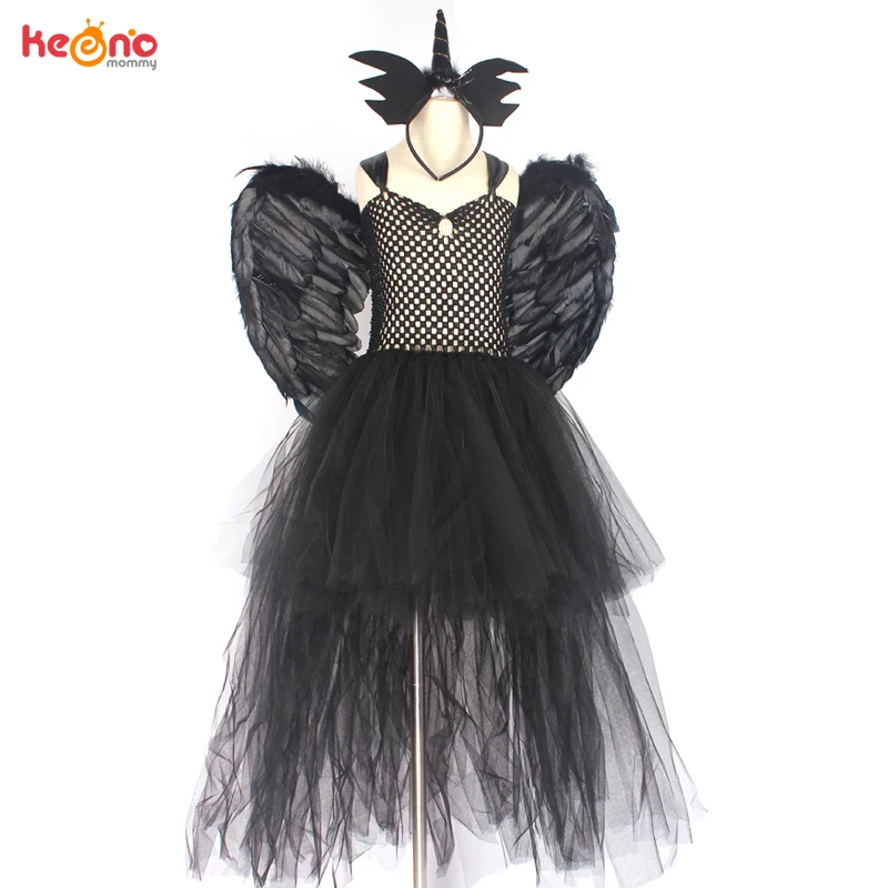 Halloween Black Devil Unicorn Dress High-Low Style Handmade Girls Tutu Dress Kids Fallen Dark Angel Fancy Party Carnival Costume