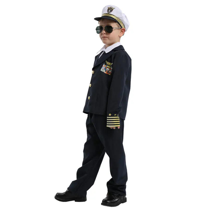 Dzieci dziecko granatowy Admiral kapitan Pilot kostium jednolite dla chłopców Halloween Purim karnawał Party Mardi Gras przebranie Umorden