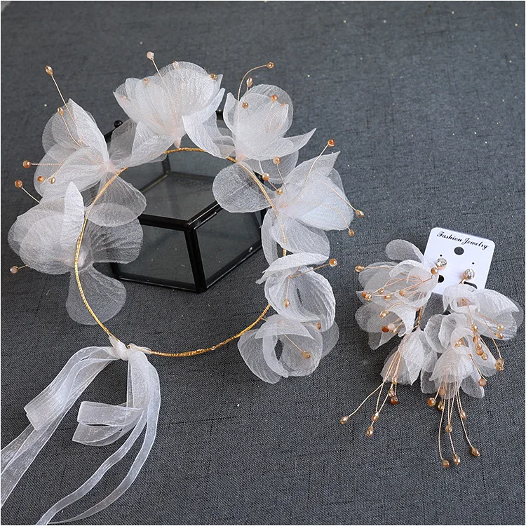 Beautiful Silk Yarn Flower dreamy Earrings Exterior Style headband Wedding hair accessories for bride image 3