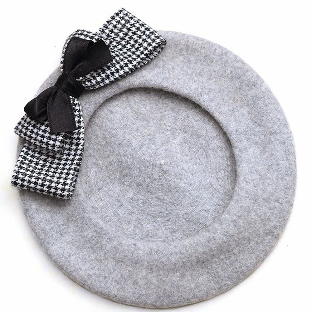 Plaid Big Bow Cute Beret for Women Handmade Autumn Winter Street Style Solid Wool Hats Beanie Cap