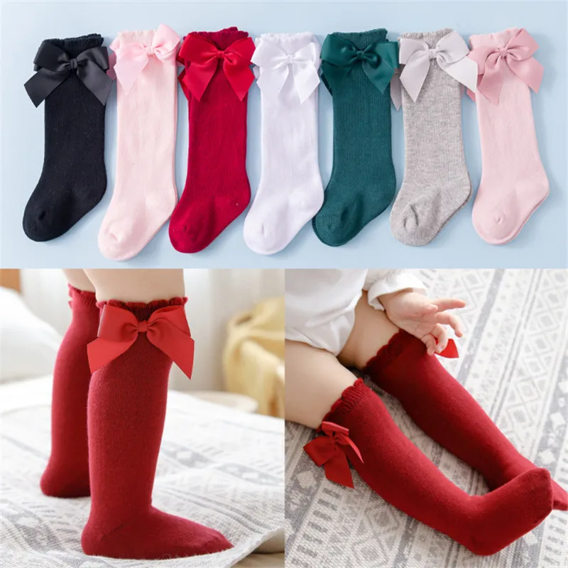 2020 Baby Knee High Socks Solid Cotton Socks Cute BowKnot Tights  Breathable Tube Socks for Girls Princess socks