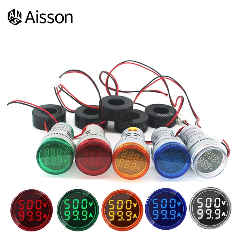 1PC 22mm AD16-22DVA okrągły amperomierz LED woltomierz AC podwójny wyświetlacz napięcie AC60-500V prąd 0-100A wskaźnik miernika