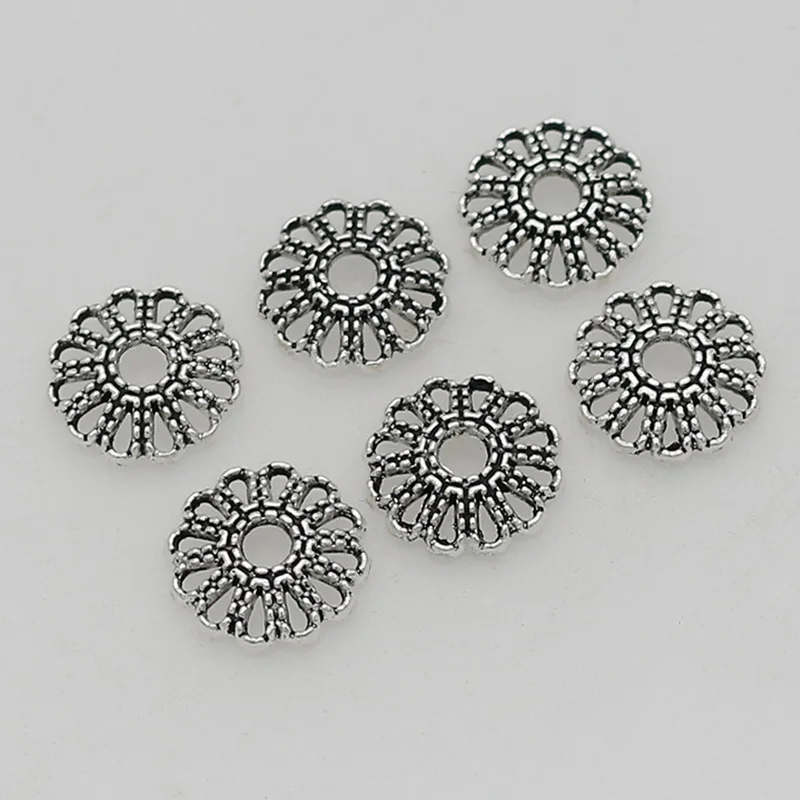 100pcs/lot Beautiful Hollow Out Flower Round Bead Caps 11mm Antique Silver Handmade End Caps Separation DIY Jewelry Findings