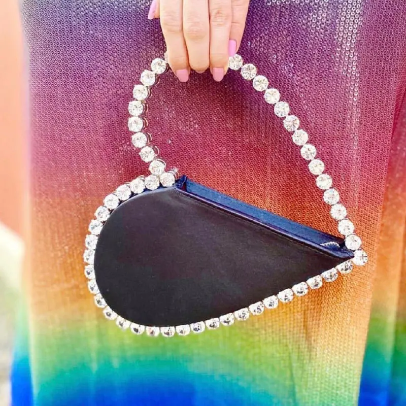 Bolso de noche Circular con diamantes de imitación para mujer, cartera de mano con asa redonda, media luna, 2020