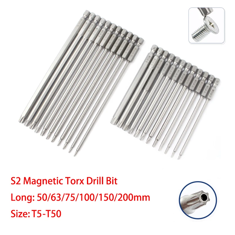 

1Pcs 1/4" Hex Head S2 Magnetic 50/65/75/100/150/200mm Torx Drill Bit Tamper Proof Security Screwdriver Bit T5-T50 Driver Tools