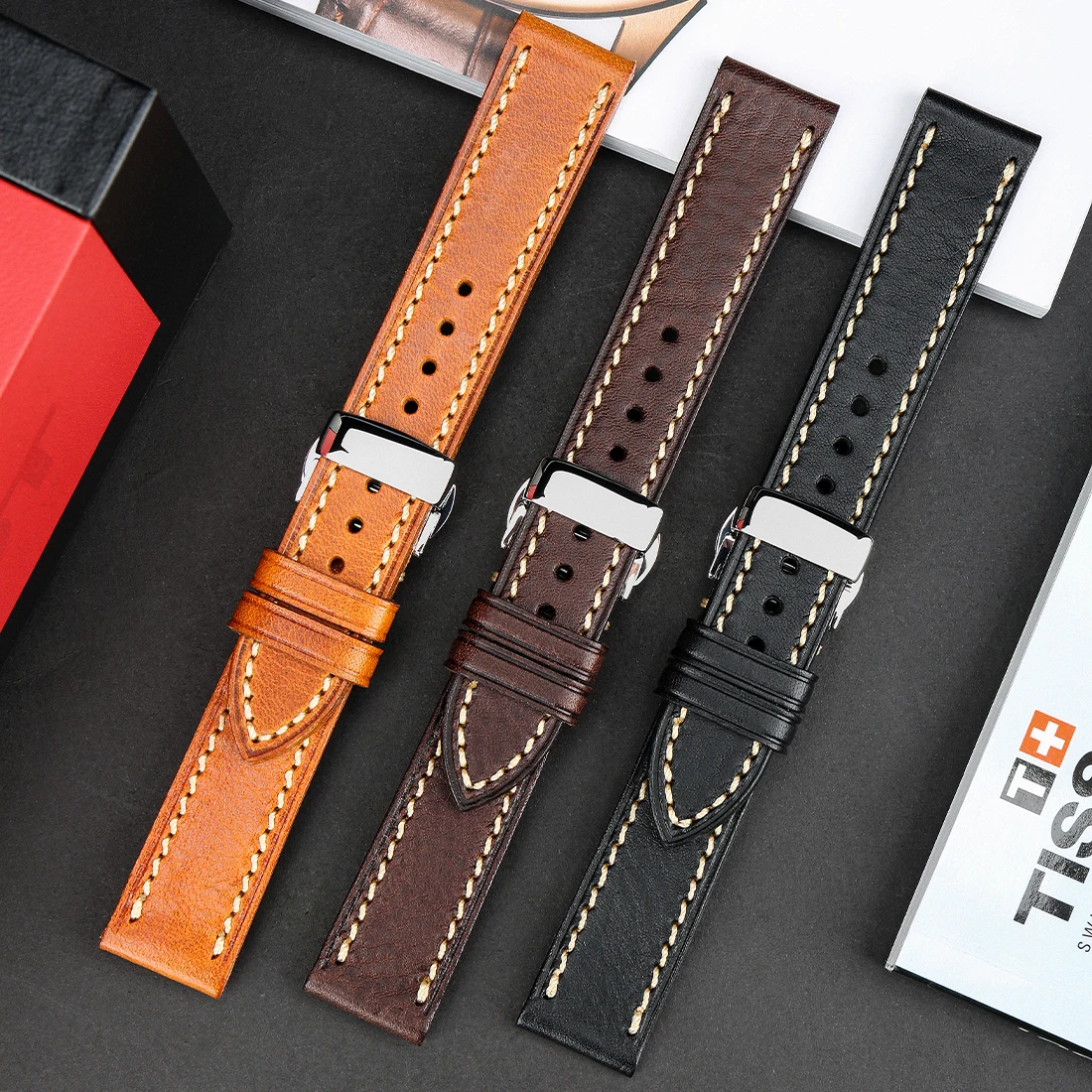 MAIKES Handmade Watch Band Genuine Cow Leather Watch Strap 22mm With Butterfly Buckle Bracelet For MONTBLANC TISSOT Watchbands