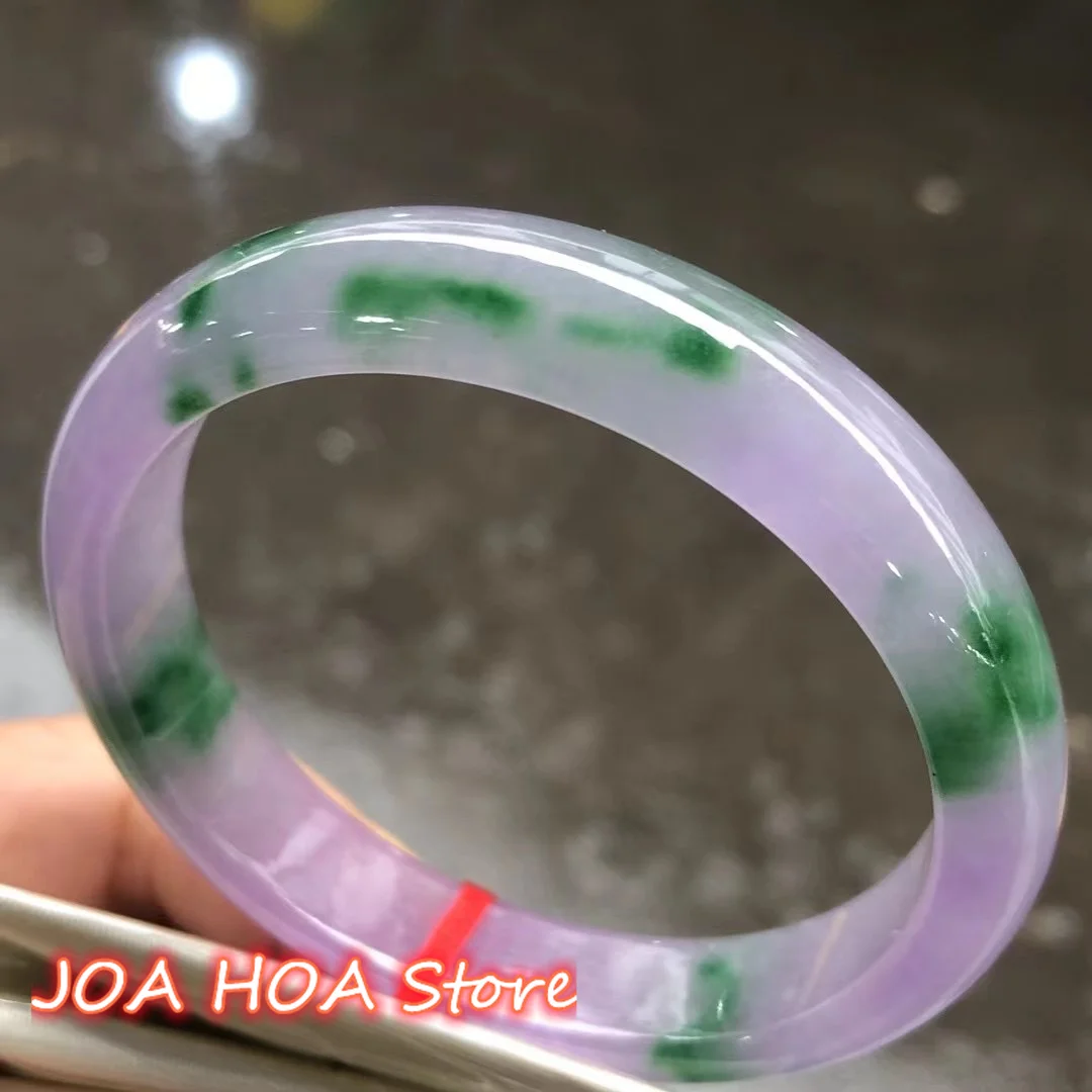 

Natural Myanmar Jadeite Bangle Flat Bar Real Rare Floating Green Purple Flowers Bracelet Emerald Jade Hand-Ring Jewelry