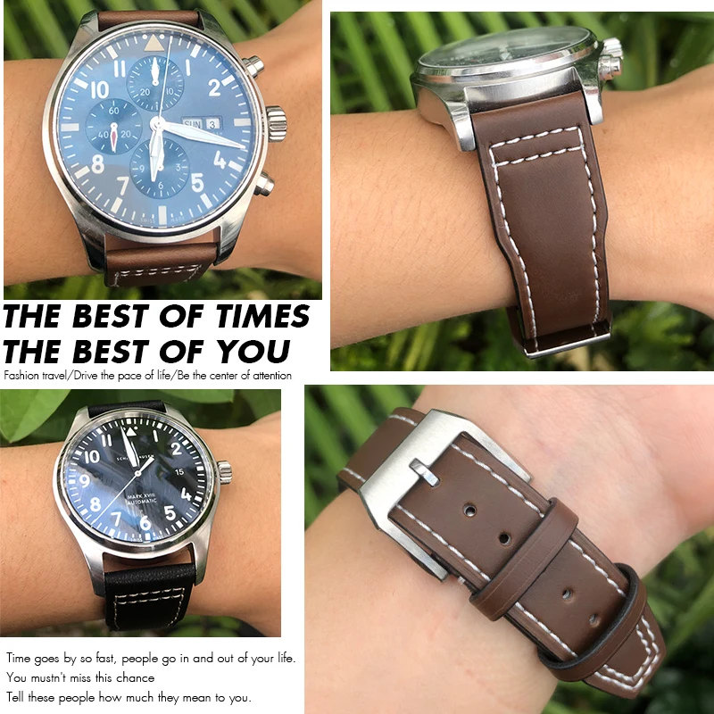 20mm 21mm 22mm High Quality Cowhide Genuine Leather Watchband suitable for IWC Pilot Mark 18 Soft Brown Watch Strap Tang Clasp