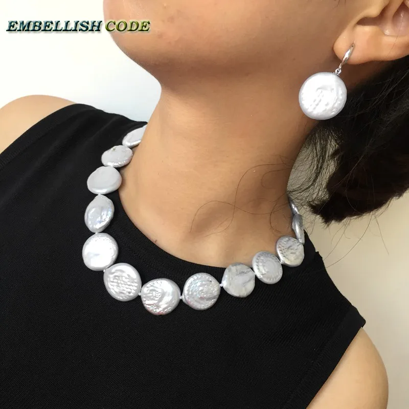 

HOT large size light grey baroque pearl choker necklace bracelet set fine jewelry button coin shape natural freshwater pearls