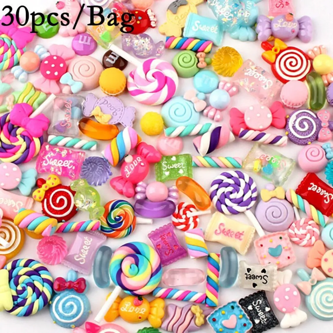 

30 Pieces Assorted Mix-ing 3D Candy Cute Kawaii Rainbow Sugar Harajuku Pink Nail Art Decoration Cabochon Charm Variety Pack Bag