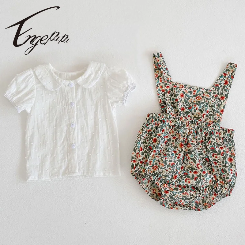 Engepapa 2022 New Summer Baby Girl Suit Clothes Short Sleeve Dot Shirt Top+Floral Jumpsuit Set Infant Suit Baby Romper Clothing