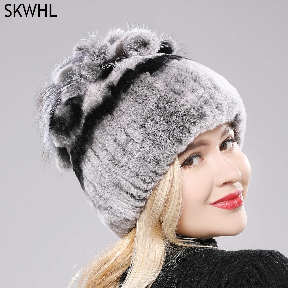 Fur Hats for Women Winter Real Rex Rabbit Hat Fox Fur Knit Female Warm Snow Caps Ladies Beanies Luxury Women Winter Bomber Hat