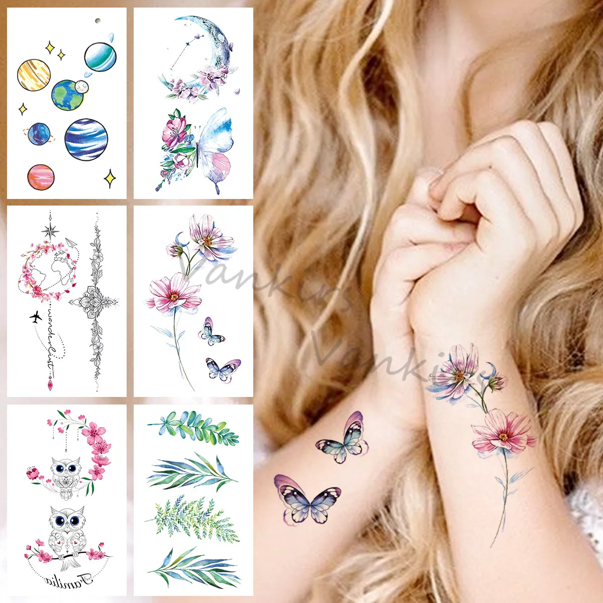 Colorful Butterfly Flower Temporary Tattoos For Kids Girls Cartoon Planet Leaf Cat Fake Tattoo Sticker Arm Leg Tatoos Hot Sale