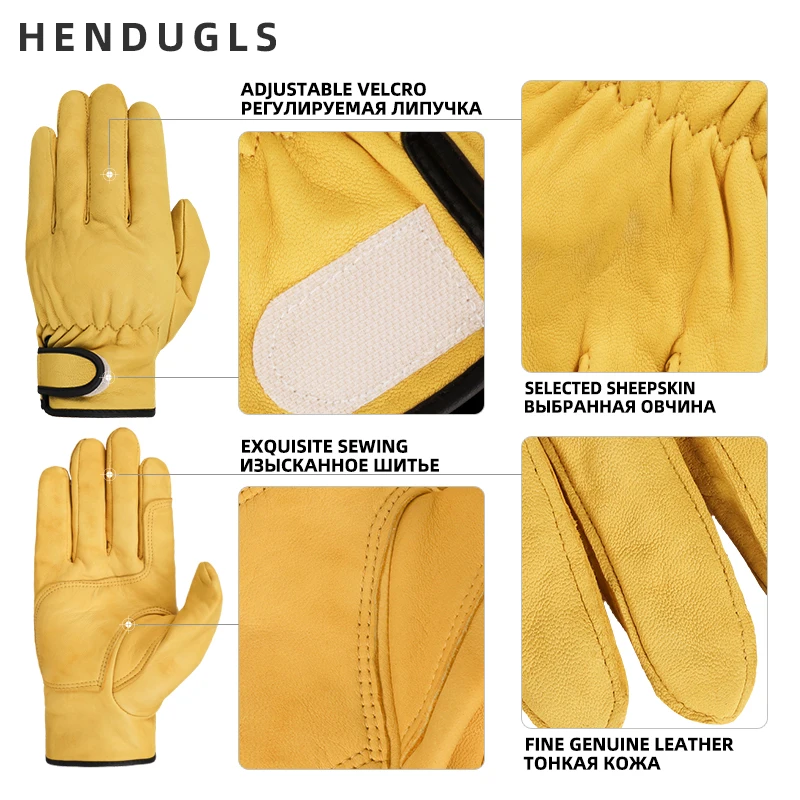 HENDUGLS Leather Work Gloves Men\'s Soft Sheep Thick Comfortable Industrial Leather Safety Gloves 5pcs Suit Free Shipping 527MY