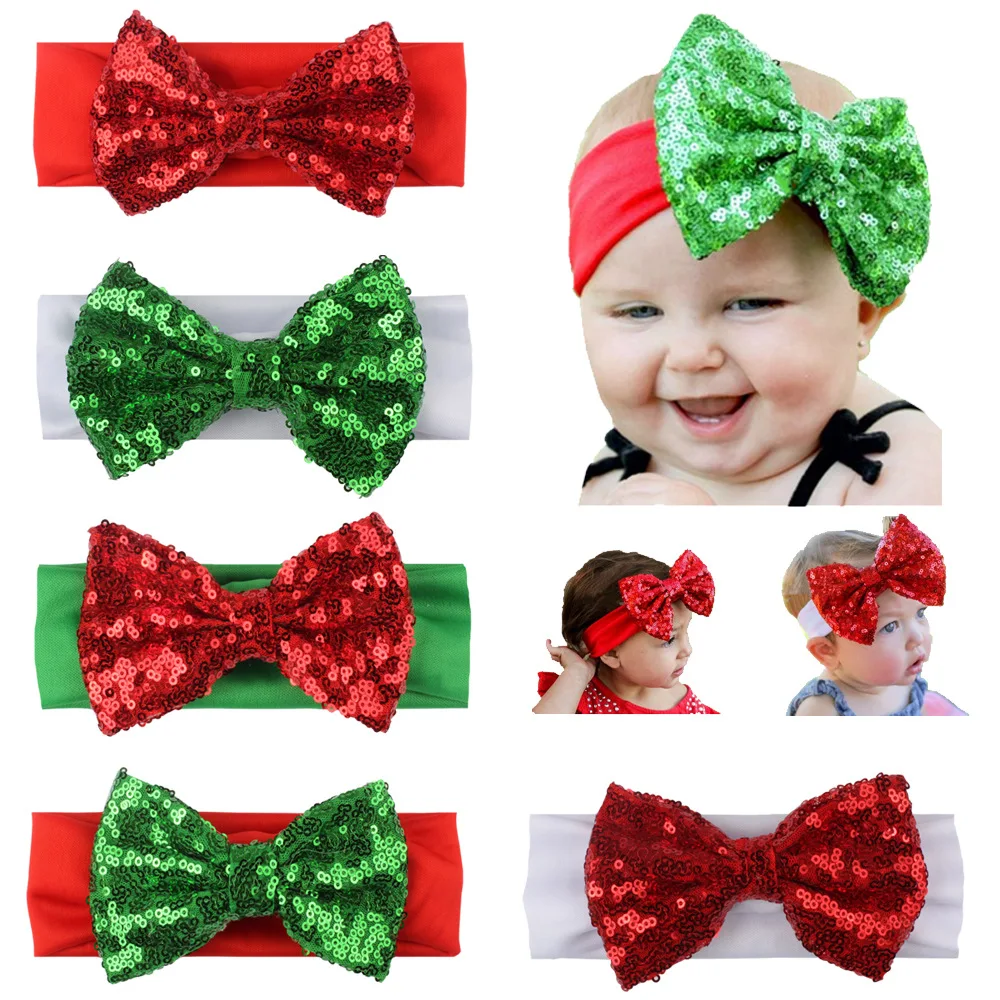 5PCS mixed color wholesale baby glitter hairband Shiny big bow design Festive girl wear headscarves princes clothing accessories