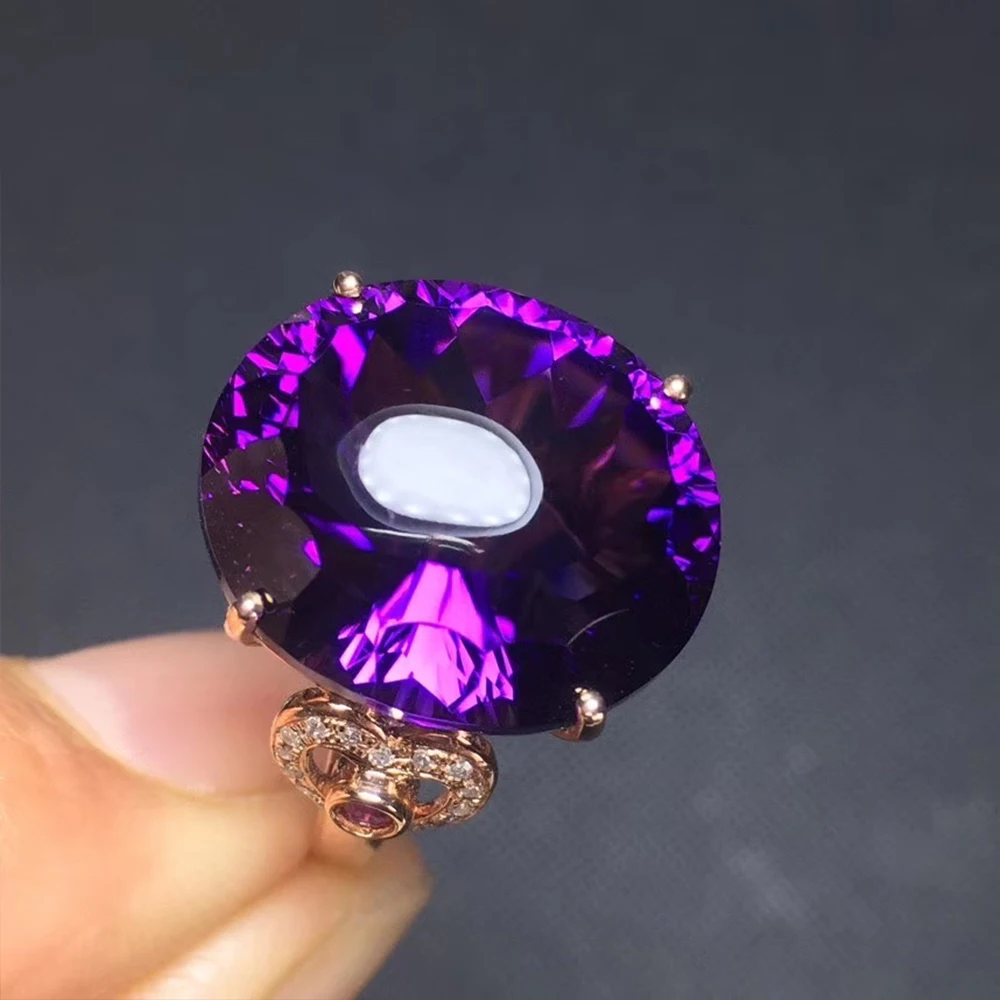 Natural Amethyst ring 18k gold match Natural South Africa Diamond Bare stone16.2ct size 17.2*14.8mm passable adjust ring