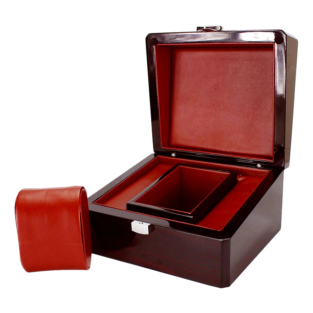 Black Glossy Wooden Wrist Watch/Bangle Leather Pillow Box Storage for Jewelry Necklace Holder