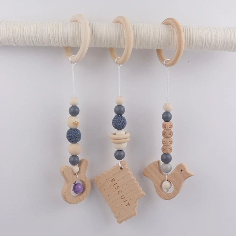 Baby Play Gym Frame Wooden Beech Activity Gym Frame Stroller Hanging Pendants Toys Teether Ring Nursing Rattle Toys Room Decor