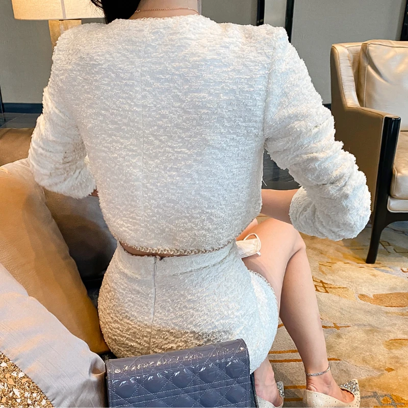 New Autumn Winter Women Fashion Suits 2 Piece Sets Long Sleeve Single-Breasted White Short Coat And Elegant Mini Bodycon Skirt