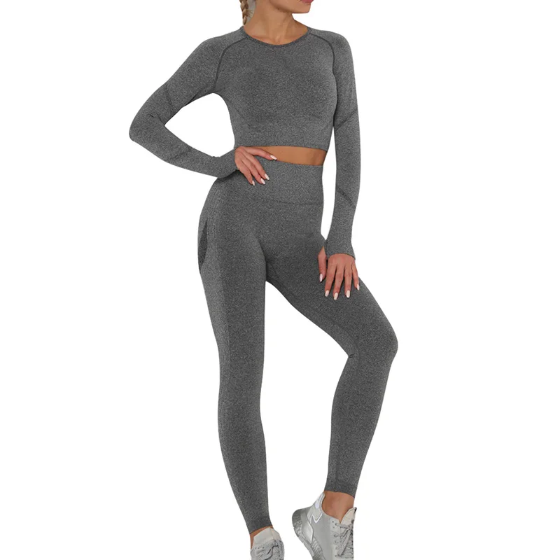 Seamless Women Gym Set Long Sleeve Top Belly Control High Waist Sport Leggings Gym Clothes Girls Tracksuit Sport Suit Sportwear