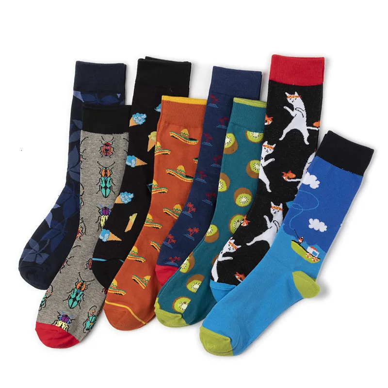 1 Pair Men Socks Combed Cotton Cartoon Animal Insect Cat Printed Calcetines Novelty Funny Happy Socks Calcetines Hombre