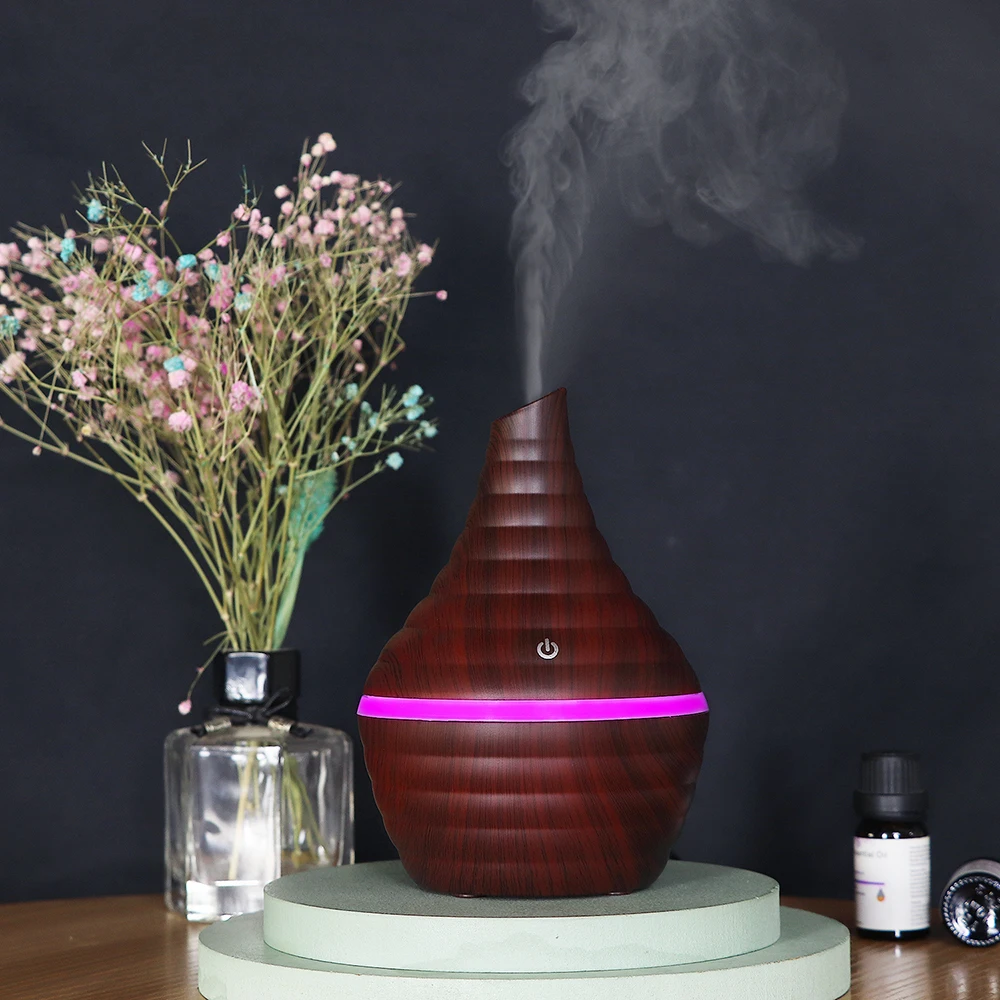 空気加湿器 USB ミニアロマディフューザーエッセンシャルオイルアロマセラピー 300 ミリリットル木目フィルター変色ライト家庭用車