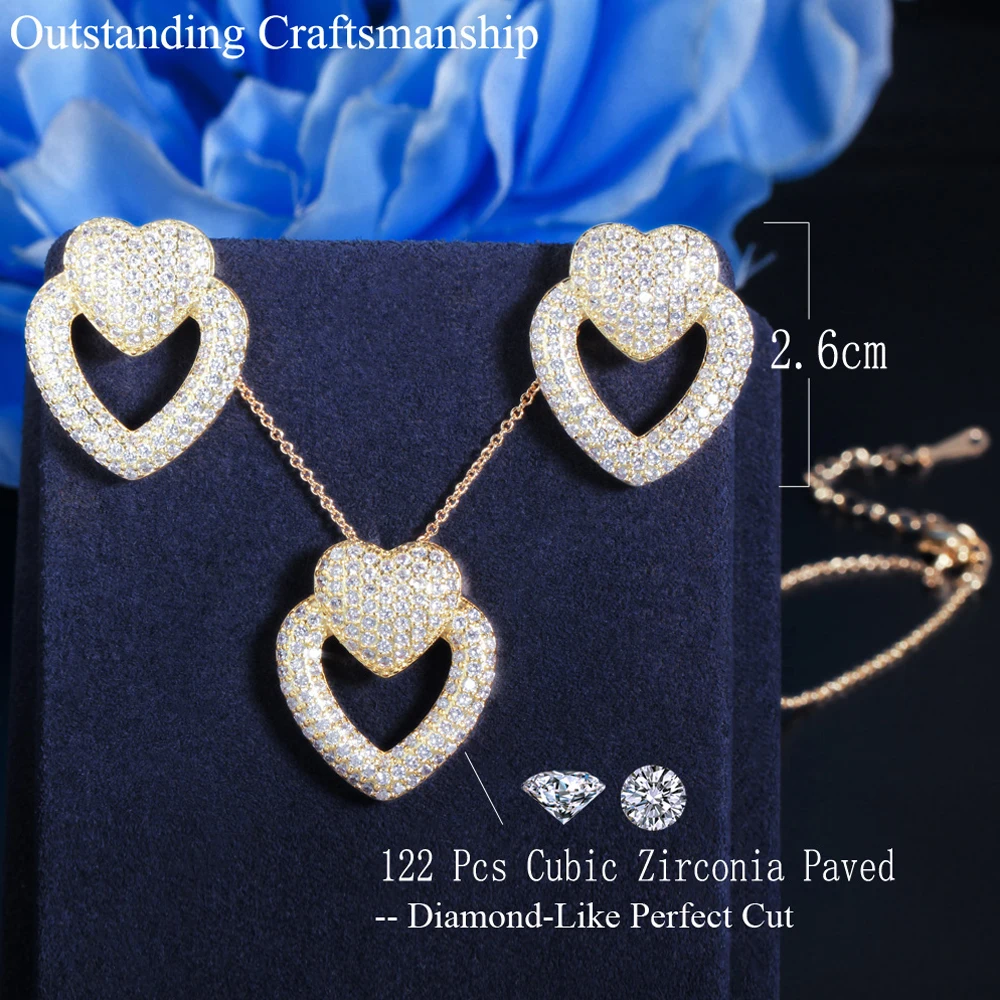 BeaQueen Romantic Heart Shaped Earrings Necklace Micro Paved Cubic Zirconia Jewelry Sets for Women Valentine's Day Gifts JS282