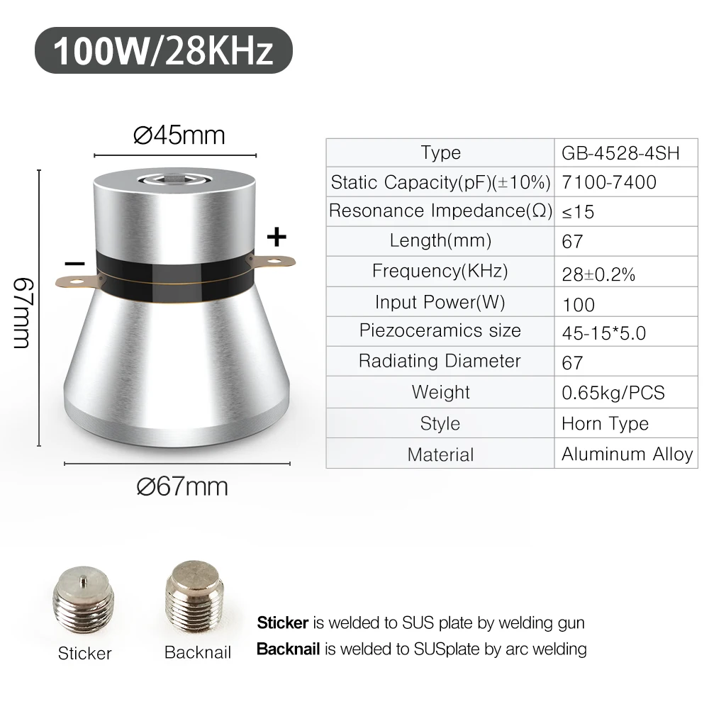 100W Ultrasonic Transducer 28KHz Frequency Electric Signal Convert Ultrsound Wave Emitter Cleaning Use Parts