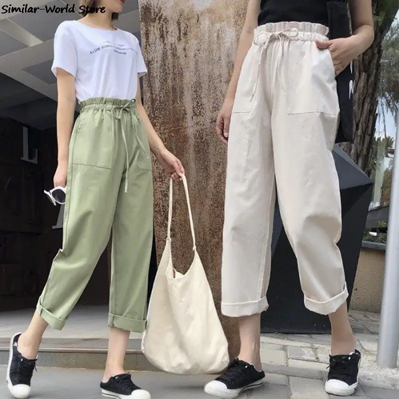 Loose Light Cotton Casual Style Female Pants Streetwear Sporty Regular Drawstring Elastic Waist Trousers For Everyday Wear