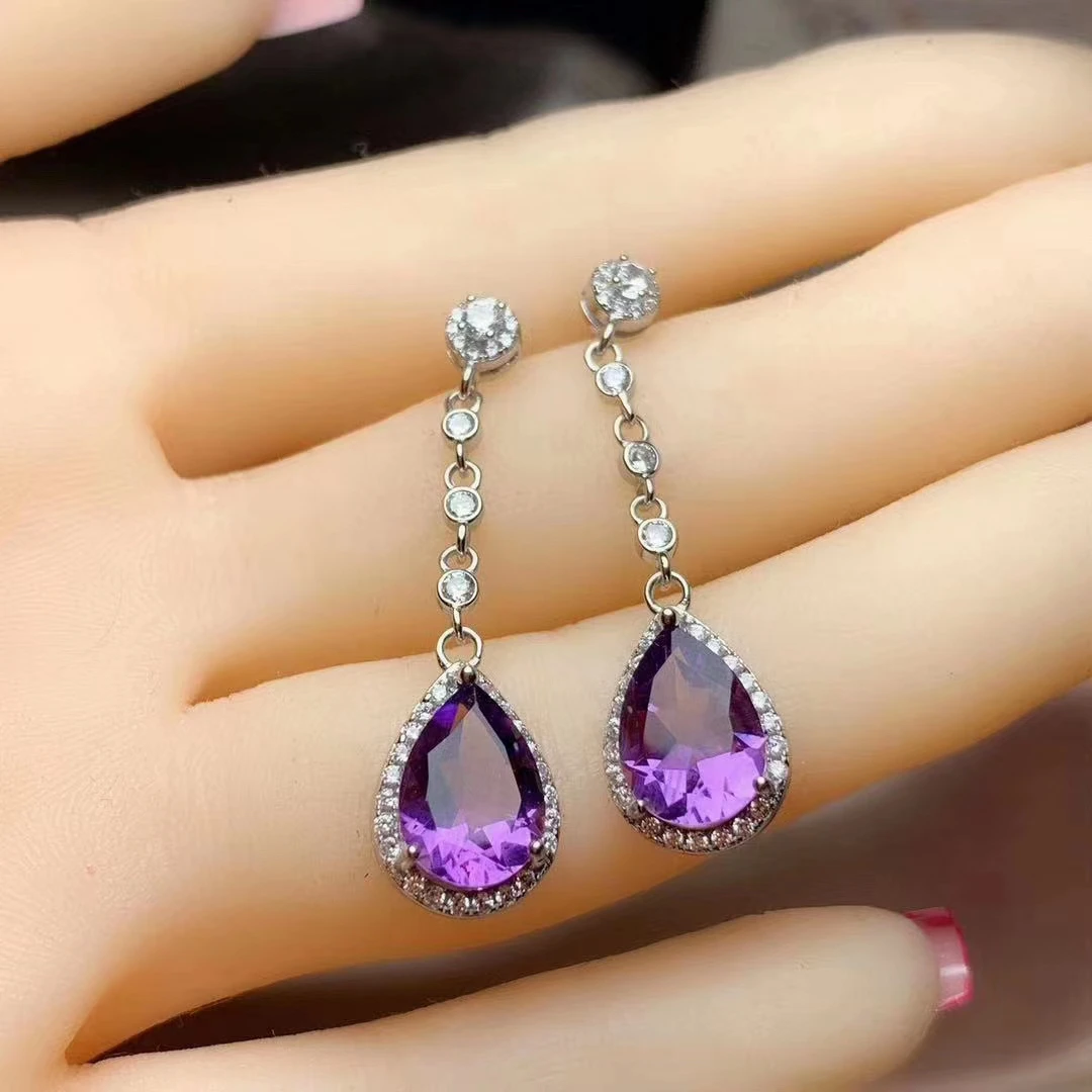 

CoLife Jewelry 100% Natural Amethyst Eardrop for Daily Wear 8*10mm Pear Cut Amethyst Drop Earrings 925 Silver Amethyst Earrings