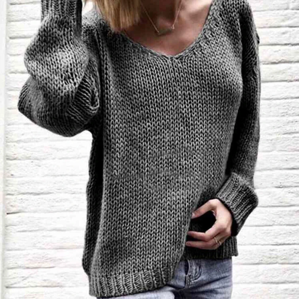 2023 Casual Women Pullovers Loose Solid Color Knitted Sweater V Neck Long Sleeve Top Women\'s Clothing джемпер женский pull femme