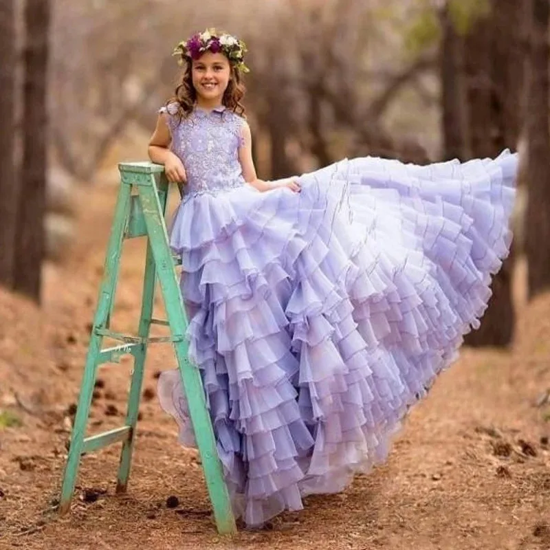 Crianças vestido da menina de flor para o casamento lavanda meninas pageant vestido de princesa com renda sem mangas criança em camadas vestido de aniversário