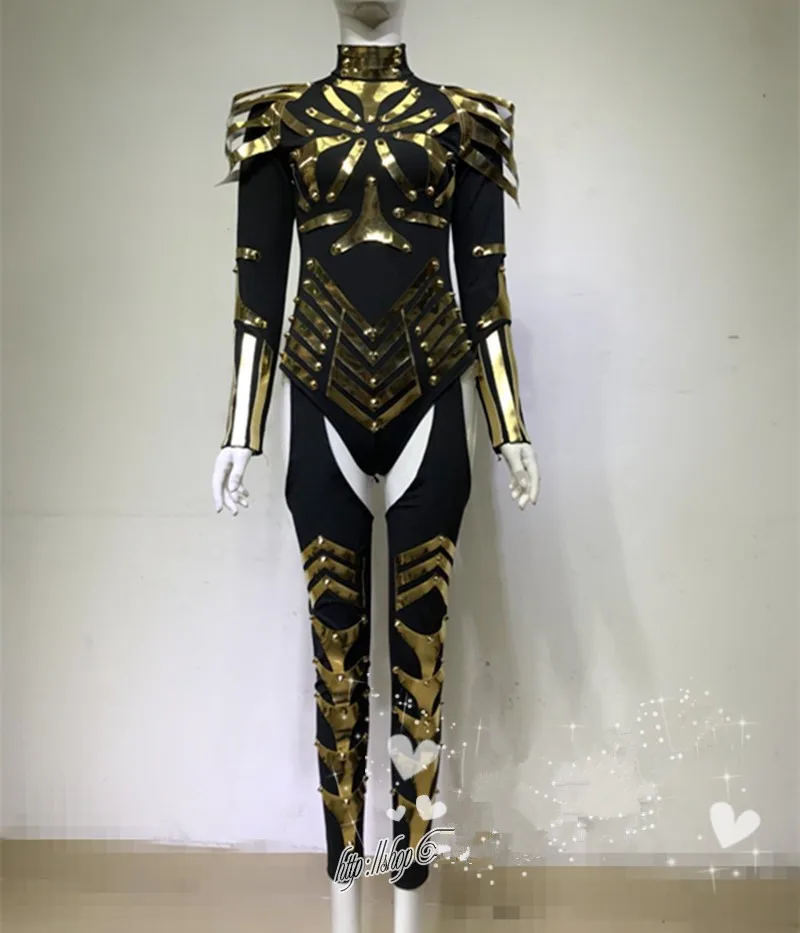 Gold Mirror Armor Jumpsuit Women Warrior Role-playing Performance Clothes Nightclub Dancer Team Show Stage Wear Cosplay Costume