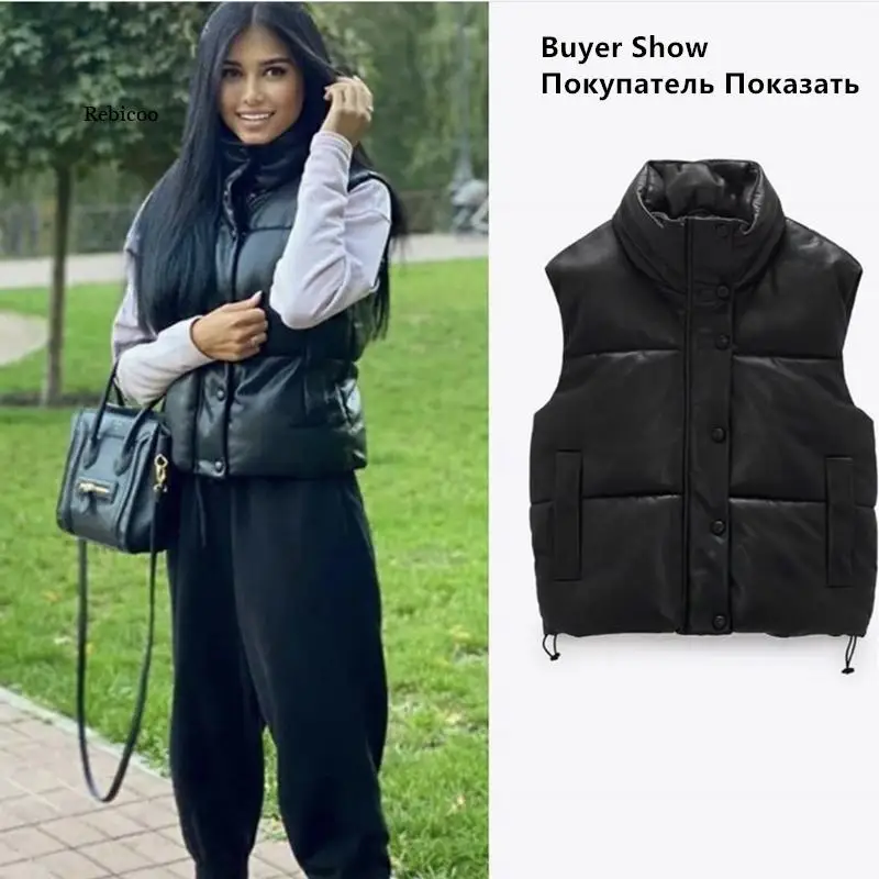 

Sleeveless Parka Coat Winter Women's Jacket Stand Collar Top Adjustable Hem PU Leather Jacket Vest Women Coats Female Waistcoat