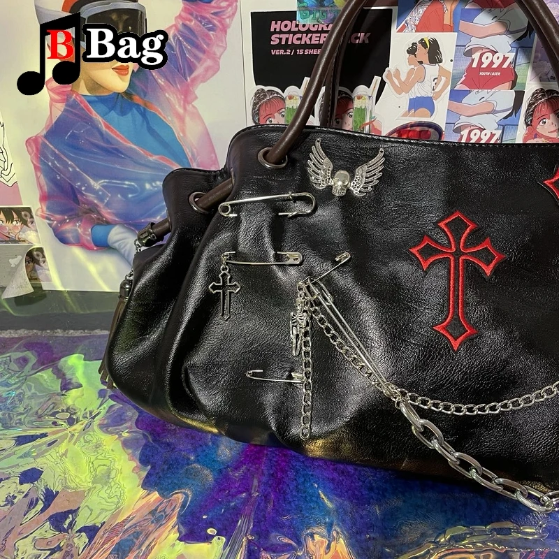 Bolso de hombro con cadena de pin cruzado para mujer y niña, bolsa de mensajero de gran capacidad, estilo gótico, punk, Harajuku, de cuero PU, Y2K