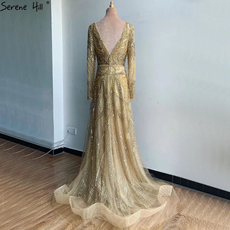 SERENE HILL Customized Gold A-Line V-Neck Luxury Beaded Sexy Evening Dress 2025 Long Sleeves For Women  Party Gown CLA70287L