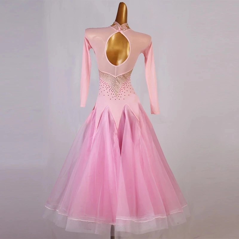 Waltz Ballroom Dress for Standard Rhinestone Big Skirt Pink Rhinestones Ballroom Dance Costume Competition Dancing Practice Wear