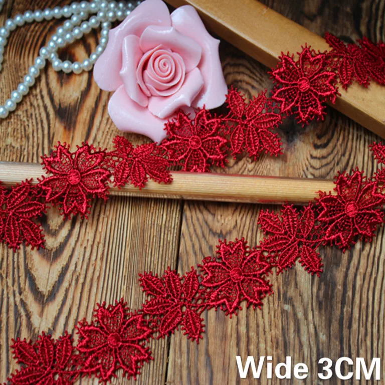 3CM Wide New Red Cotton Embroidered 3d Flowers Lace Collar Cuffs Trim Fringe Ribbon DIY Apparel Skirts Sewing Guipure Decoration