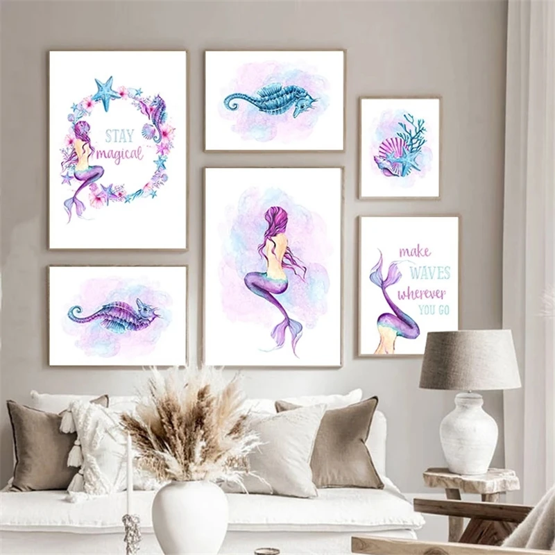 Starfish Hippocampus Mermaid Poster Cartoon Nordic Poster and Print White Purple Canvas Painting Picture Wall Art Home Decor view 2