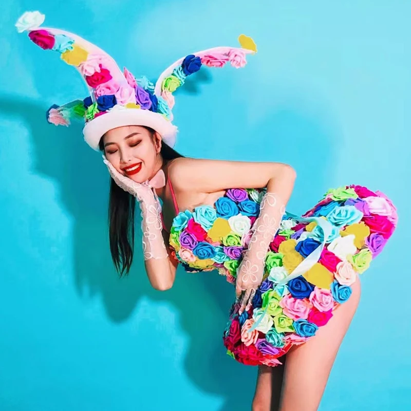 Colorful Flowers Hat Fluffy Mini Dress Women Dancer Team Stage Performance Clothes Festival Rave Outfits Nightclub Party Costume