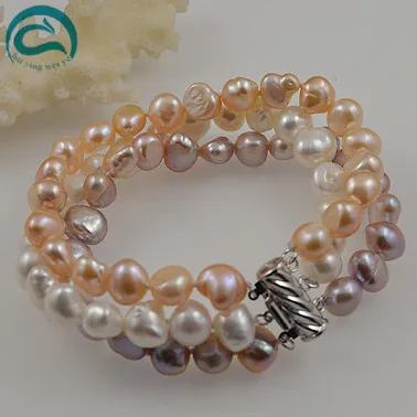 

New Arrival Unique Pearl Jewellery 3 Rows AA 8-9MM Natural White Pink Lavender Freshwater Pearl Bracelet Charming Women Jewelry